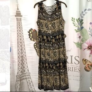 R&K Originals Maxi Dress Button Front Sleeveless Black/Brown Print Size 12